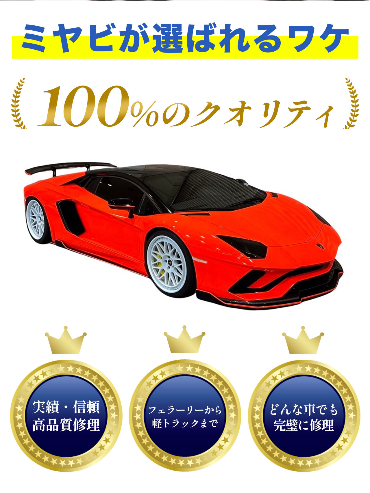 100%のクオリティ 実績・信頼 高品質修理 フェラーリから軽トラックまで どんな車でも完璧に修理